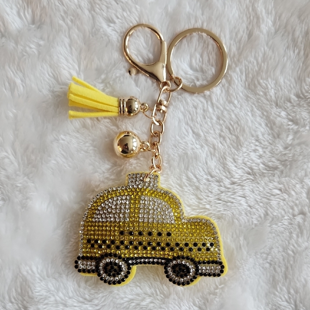 Yellow Taxi Rhinestone Car Keychain Bag Charm